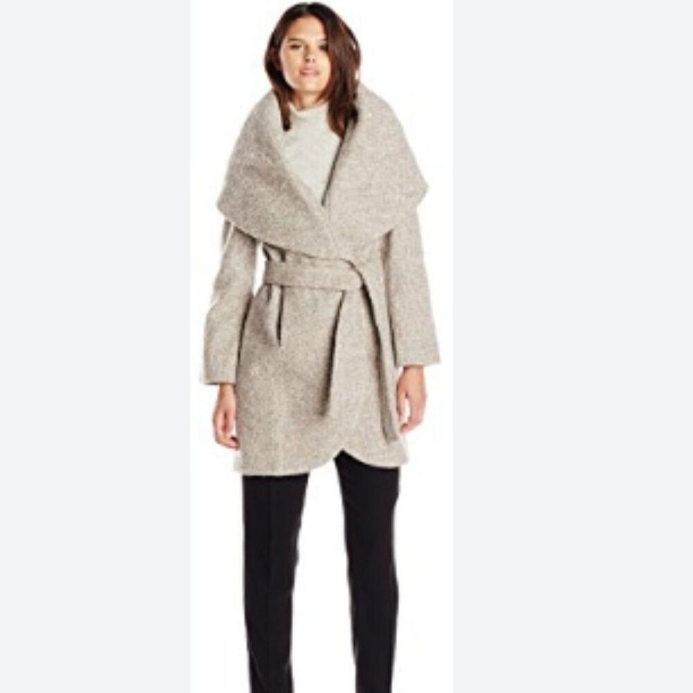 NWT T Tahari Marla Tweed Mink Macrame Belted Wrap Coat in Size S